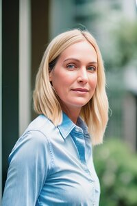 JO WOOD WOMAN STOOD OUTSIDE IN BLUE SHIRT LOOKING TO CAMERA