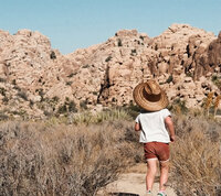 A child dressed in a hat and shorts explores a vast desert area.