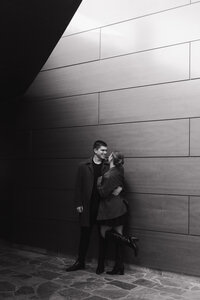Nontraditional engagement photos documented in Birmingham AL museum in monochromatic suits