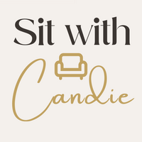 Sit with Candie Logo with Script Font and a golden chair