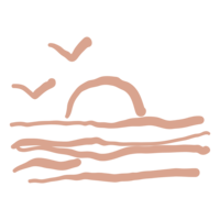 Salmon colored hand-drawn illustration of sun setting over the ocean with seagulls.