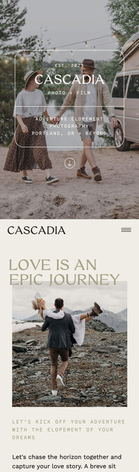 Screenshot of the mobile version of an adventurous Showit website template for elopement photographers