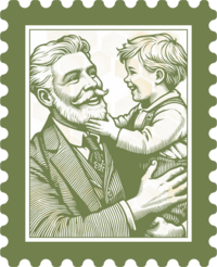 Vintage sketch of grandfather holding grandson - postage stamp style