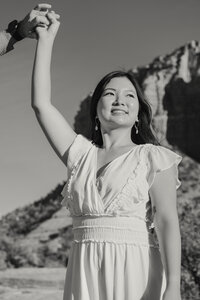 Black and White. Engagement session at golden hour in the Sedona red rocks.