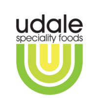 Modern logo with the text “udale speciality foods” above a layered yellow and green U-shape icon