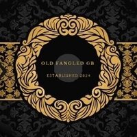 Old Fangled GB logo with ornate gold vintage frame on black damask background, established 2024