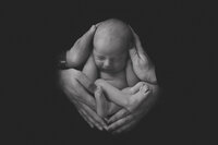 black and white newborn picture of baby boy in mom and dads hands