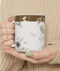 Painting of white feather on a blue canvas pouch