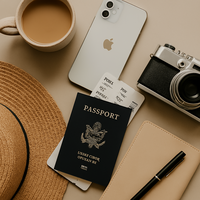 Flat lay image of travel essentials including a camera, sunglasses, passport, map, and coffee cup—styled in warm, earthy tones to represent affordable vacation planning and stress-free travel tips.