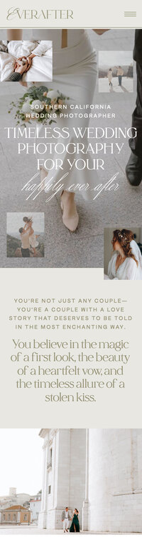 Screenshot of the mobile version of a romantic Showit website template for wedding photographers