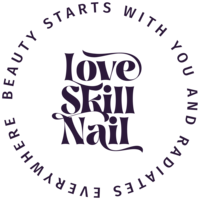 Purple, circular logo with Love Skill Nail in the center and circular text reading: "Beauty starts with you and radiates everywhere"