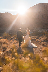 newlyweds walking in the deserts of nevada after eloping in las vegas