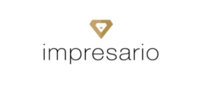 Logo with the word "impresario" in lowercase black letters beneath a gold geometric shape resembling a stylized diamond.