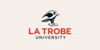 Official logo of La Trobe University with an image of a black and white pelican on a red background.