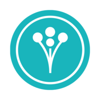 Light blue circle with a white icon of three stems and dots, WeddingWire logo.
