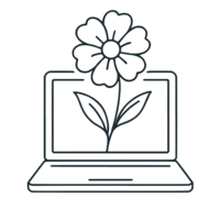 Laptop icon with fully grown blooming plant, symbolizing thriving design results and business growth with Grassroots Creative Company.