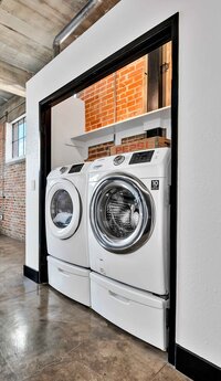 Onsite washer and dryer in this one-bedroom, one-bathroom condo in the historic Behrens building in downtown Waco, TX
