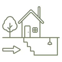 Line art icon showing a house with stairs leading to a basement area, representing basement finishing or remodeling.