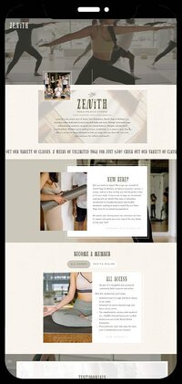A serene website design for Zenith Yoga Studio, featuring calming colors and images of yoga poses and peaceful spaces.