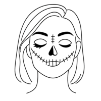 A black and white line art drawing of a woman’s face in profile, with one eye featuring dramatic, stylized Halloween makeup.