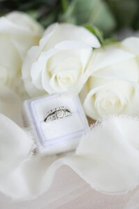 Close up of wedding details ring box and invitations