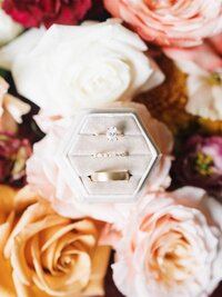 Wedding rings on top of flowers