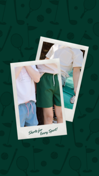 Two polaroid photos of little boys wearing Sporting Club shorts on a sports icon patterned background with text that says "shorts for every sport"