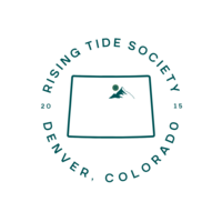 Rising Tide Society Denver, Colorado circle logo with state outline that includes a mountain illustration to mark the location.