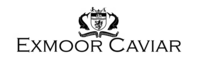 lack and white crest-style logo with two fish flanking a shield above the text “Exmoor Caviar” in elegant serif font.