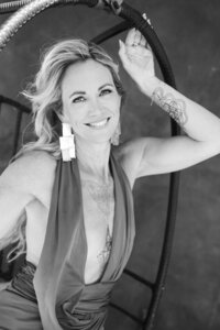 Aine Rock in a black and white photo 