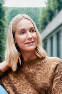 WOMEN JO WOOD OUTSDE IN BROWN JUMPER SMILING SIDE PROFILE