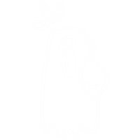 White outline drawing of a cartoon chicken head
