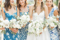 blue bridesmaid dress and white bouquets