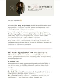 A mockup of The Heart of Attraction newsletter displayed on an iPad, showcasing tips for crafting dating profiles and building connections.