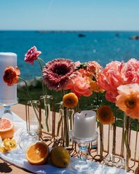 Stunning, vibrant wedding event tablescape overlooking the lake with vases and candleholders rented from Beautifully Layered Event Rentals in Milwaukee. Pink and orange flowers filling the hinged, connected, long vases with lemons and grapefruits cut up around the vase.