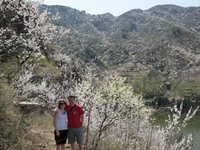 A teacher couple in China with a beautiful view of flowered trees