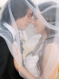 A bride and groom under her veil in an intimate wedding portrait.