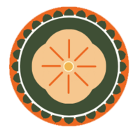 Circular orange and green flower in a circle.