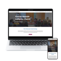 Responsive website mockup for Finnish Messiah Lutheran Church, showing a church service image and a 'Plan Your Visit' section on desktop and mobile screens