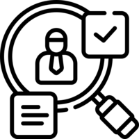 Icon of a Magnifying glass with a check mark, person  and file