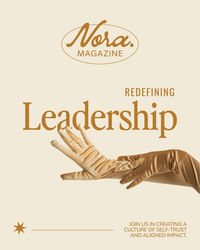 Graphic from Nora. Magazine titled "Redefining Leadership" features hands in gold gloves touched gently; conveys empowerment and collaboration.
