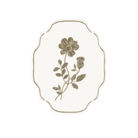 A bronze colored flower in on a cream background as a logo.