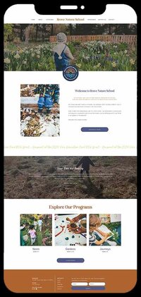 A colorful website layout for Brave Nature School, featuring a garden center and outdoor play spaces for children.