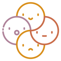 Icone avec 4 visages aux expressions différentes pour montrant les émotions vécues avec l'organisation d'évènements.