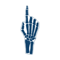 blue skeleton hand illustration pointing right for "Read More"