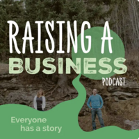 Cover art for the “Raising a Business” podcast, featuring a natural outdoor scene with two hosts standing in front of a rock formation and tall trees. The title is displayed in bold, hand-drawn-style text with green and white accents. The tagline, “Everyone has a story,” is included at the bottom, emphasizing the podcast’s focus on storytelling in entrepreneurship.