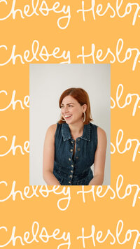 Headshot of Chelsey Heslop on a yellow background with her logos in cream