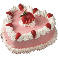 Pink heart-shaped cake with white frosting edges and decorated with strawberries