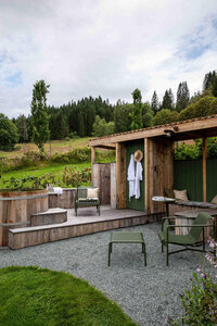 Cozy mountain lodge surrounded by greenery, offering a tranquil escape.
