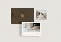 Athena Kristen wedding planner printed brand materials including dark envelope with gold wax seal, elegant photo card, and reception flatlay with soft typography and refined design elements.